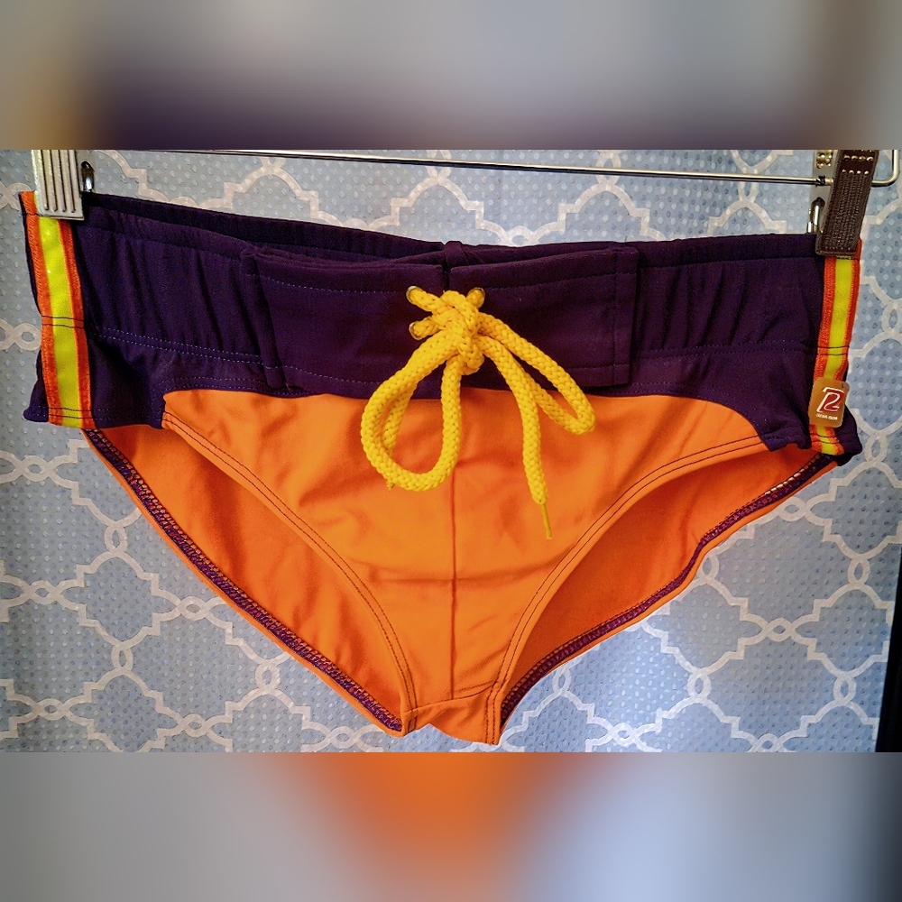 Pistol Pete Retro Colorblock Swim Brief Small Bold Orange Purple Statement